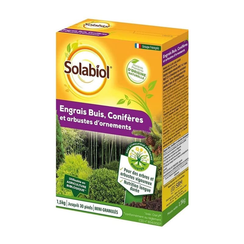 SOLABIOL Engrais Conifères et Arbustes d'ornement - 1,5 Kg - 100% Organique - Action Longue Durée SOCONY15