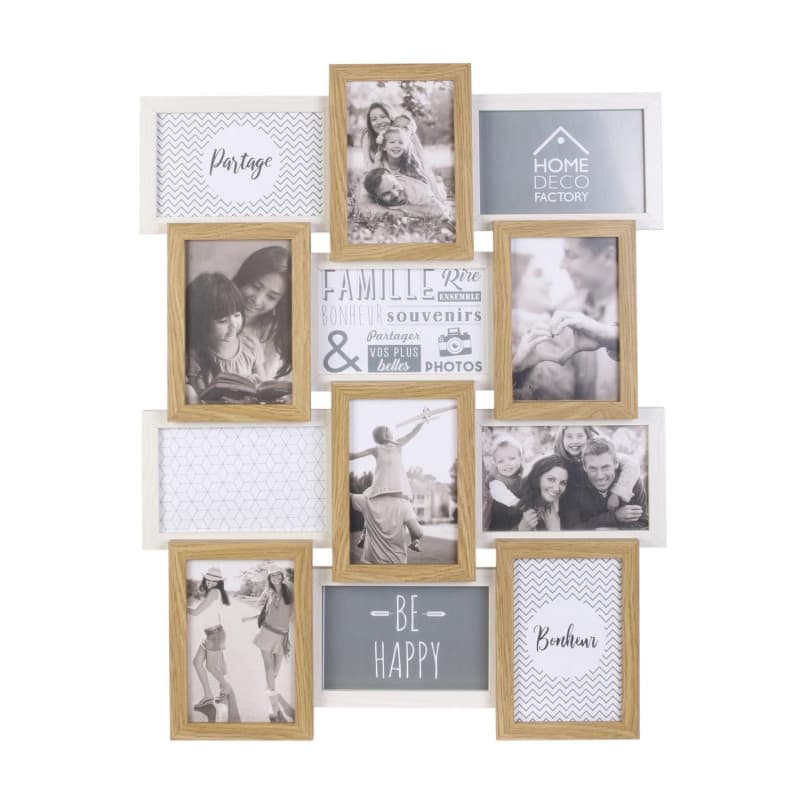 HOME DECO FACTORY - HD4218 - Cadre Photo Multiple Pele-Mele 12 Vues Bois et Blanc, Souvenir, Décoration Maison, 44 x 3 x 58 cm,