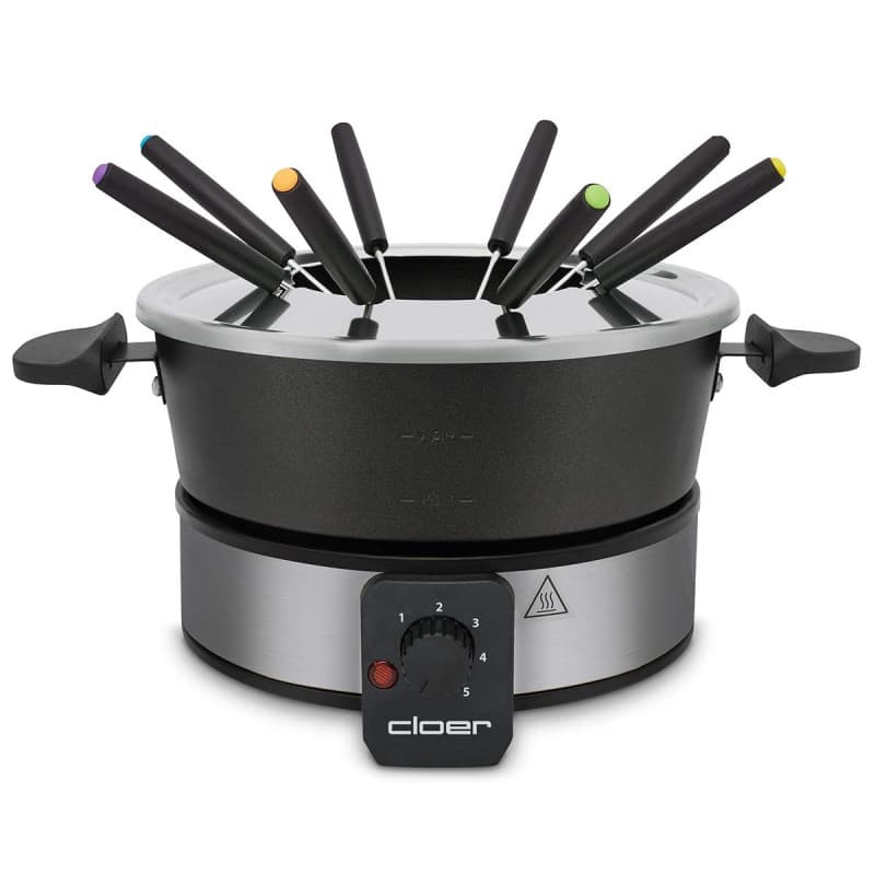 Cloer 6679 Fondues électriques jusqu'à 8 Personnes, Pot en Aluminium revêtu, Protection Anti-éclaboussures Amovible, 8 fourchett