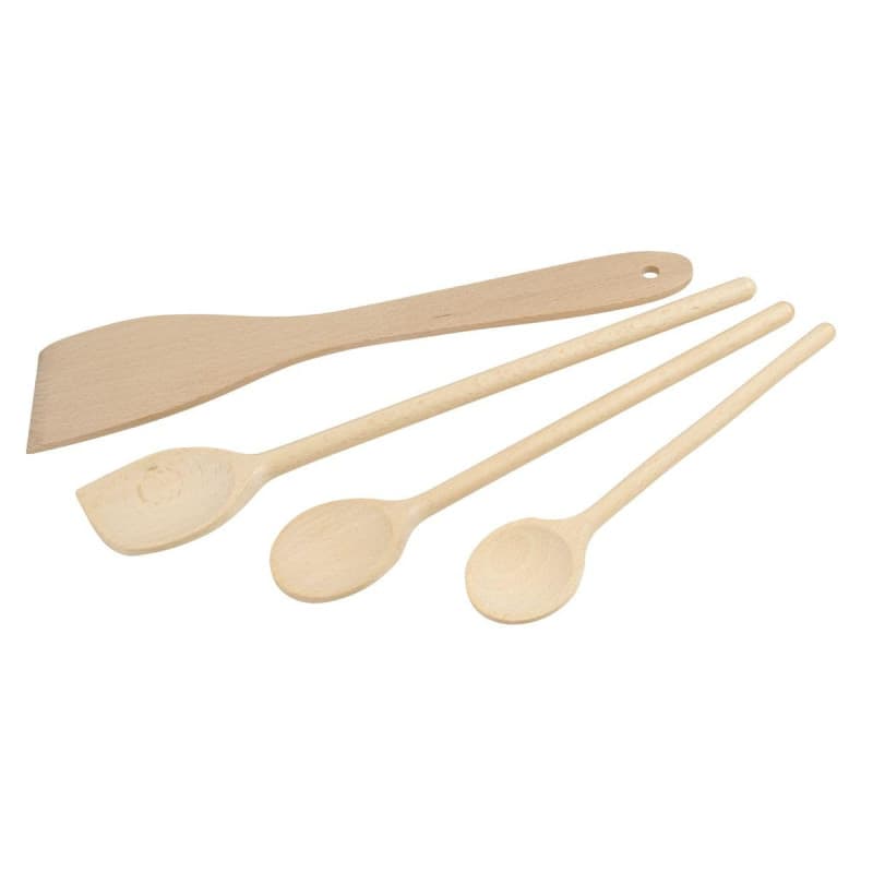 Fackelmann 31125 Set de 4 ustensiles de cuisine en bois, Lot de spatules et cuillères de cuisine en bois, Bois certifié FSC, 20c
