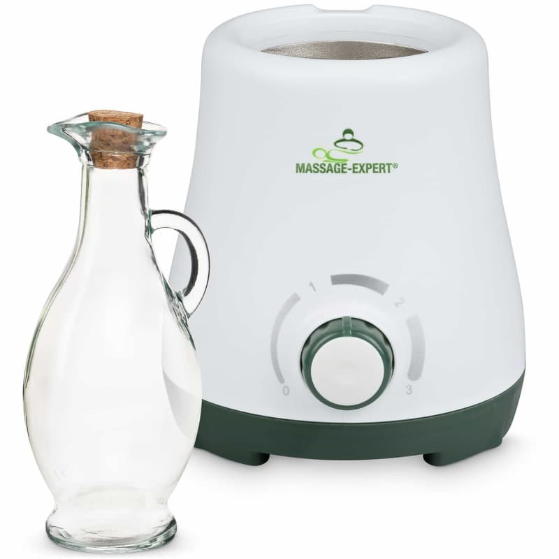 Chauffe-huile de massage avec carafe en verre, chauffe agréablement l’huile en seulement 5 minutes, chauffage en continu de 0 à