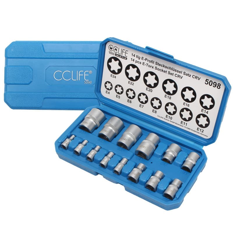 CCLIFE 14 pièces Coffret douilles torx femelle 1/4" 3/8" 1/2", Douille torx profilés E E4-E24