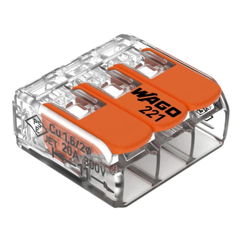 Wago 221-413 Borne de connexion 3 fils 0,2 à 4 mm² avec levier de commande, transparent modèle compact, Boite de 50