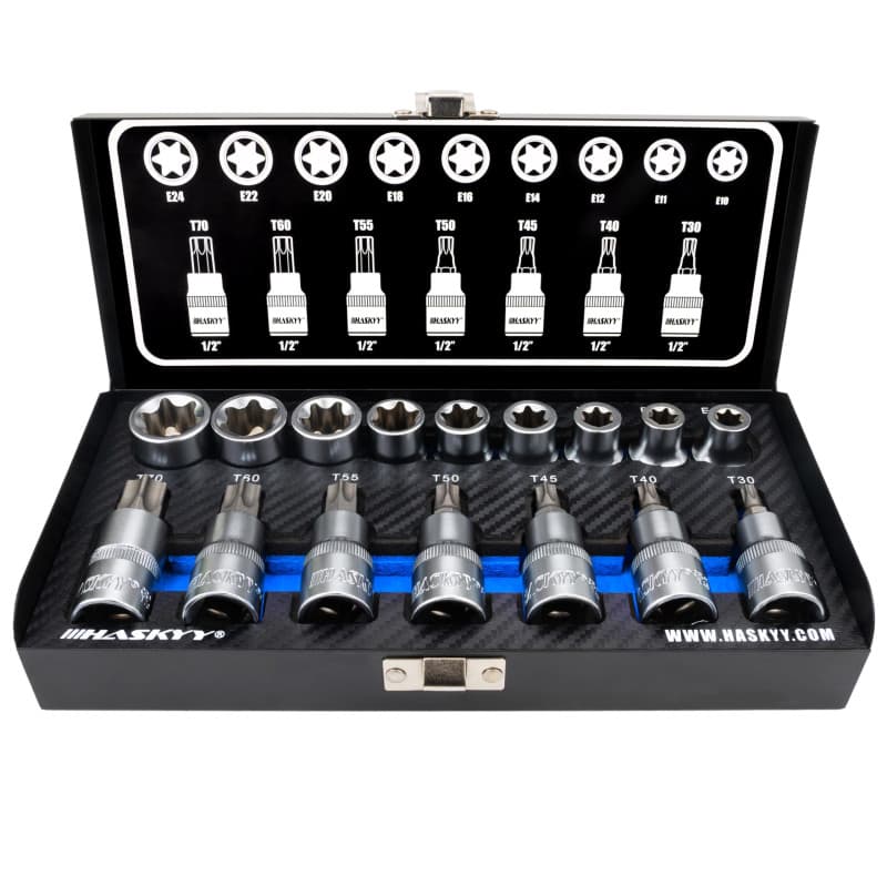 Haskyy Professional 16 pièces Jeu de douilles Torx d'embouts I Jeu d'écrous I T30-T70 55mm de long I E10-E20 39mm de long