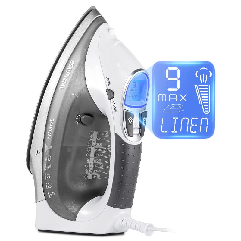 Beautural Fer à Repasser Vapeur, 2400W, 340 ML avec écran LCD, Anti-Gouttes et Système d'Auto Nettoyage Anti-Calcification - bla