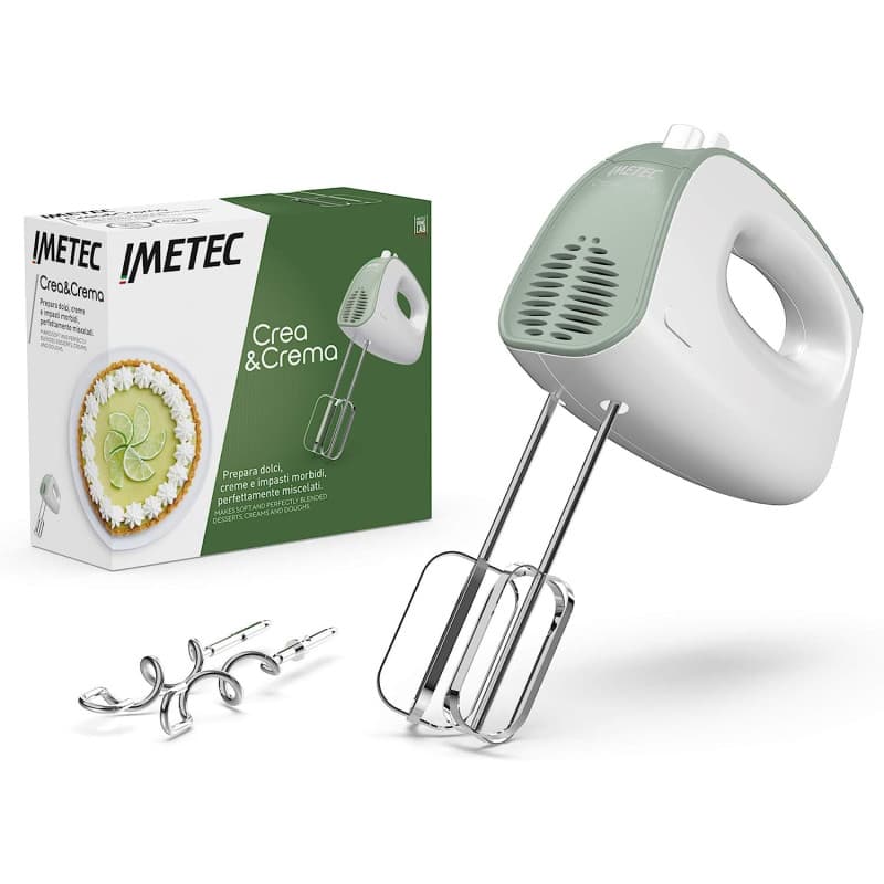 Imetec Crea & Crema Batteur Électrique, Fouets Extra-Longs pour Pâtes Sucrées et Crème Fouettée, Crochets de Pétrissage en Acier