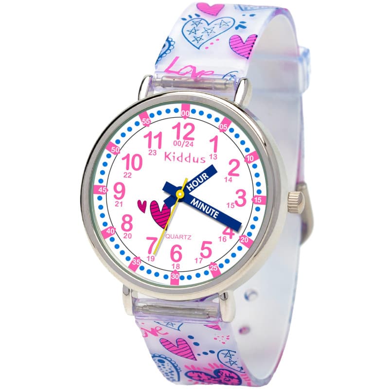 Kiddus Montre Bracelet Éducative pour Enfants. Analogique avec Exercices. Mécanisme en Quartz Japonais. English Version. Hearts