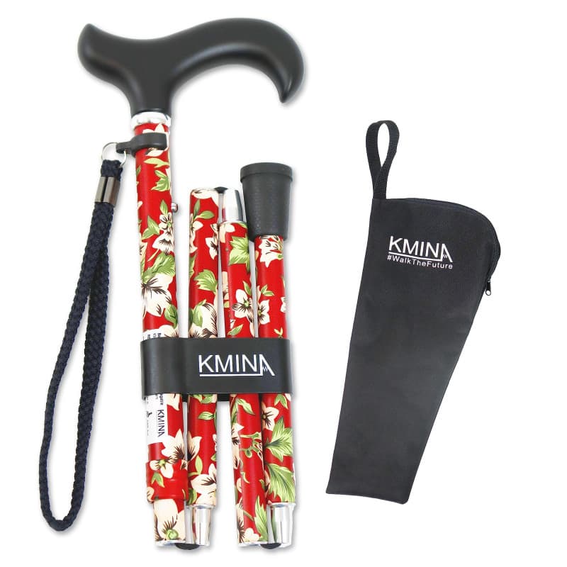 KMINA - Canne de Marche Femme, Pliante et Réglable, Luxe, Fleur, Aluminium (Pliage Rouge) - KMINA Pro