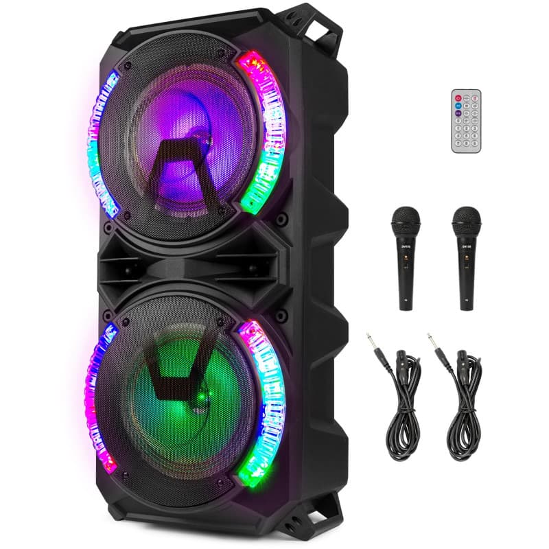 Fenton LIVE280 Enceinte Karaoke LED 2X 8”, 900W Max, 2 Microphones, Trolley et roulettes, Eclairage LED en Façade on/Off, USB et