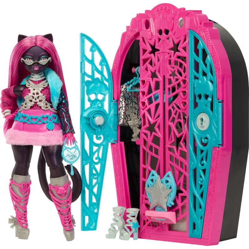 Monster High Monstrueux Secrets Catty Noir Coffret Énigmes à Hauntlywood avec poupée, dressing et plus de 19 surprises glamour,