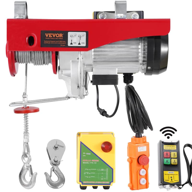 VEVOR Palan Électrique, Charge Double Câble 1000 kg, Télécommande Filaire 4,2 m et Sans Fil 100 m, Hauteur Levage Câble Simple 1