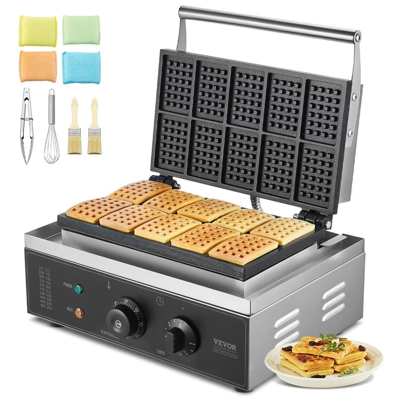 VEVOR Gaufrier Commercial 1550 W, Appareil à Gaufres Belges Rectangulaires, Capacité 10PCs, en Acier Inoxydable, Antiadhésif, av