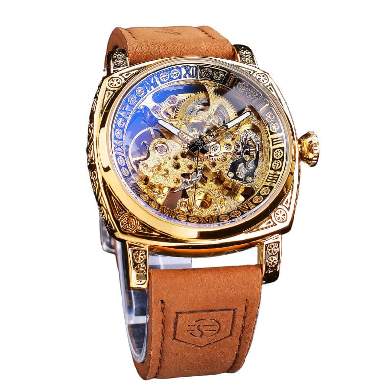 FORSINING Montres fantaisie pour hommes, carrées, rétro, mécaniques, à remontage automatique, sculptées, mécanisme d’horlogerie,
