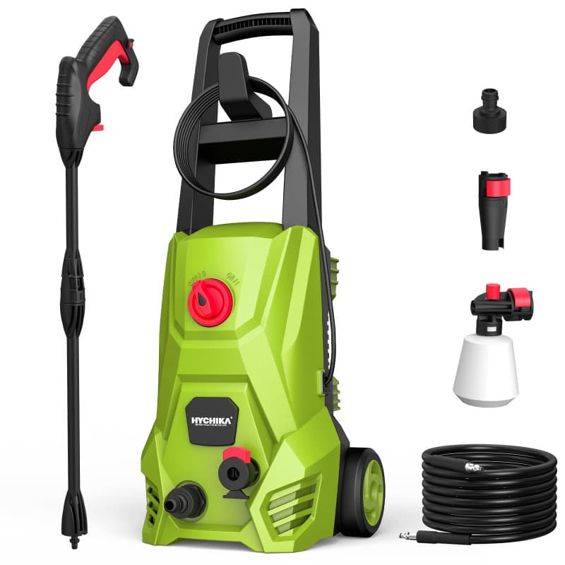 HYCHIKA Nettoyeur Haute Pression, 110 Bar Max. 410 l/h Débit 1500W Lave-auto Portable avec Réservoir Mousse, Tuyau 5m Câble 5m,