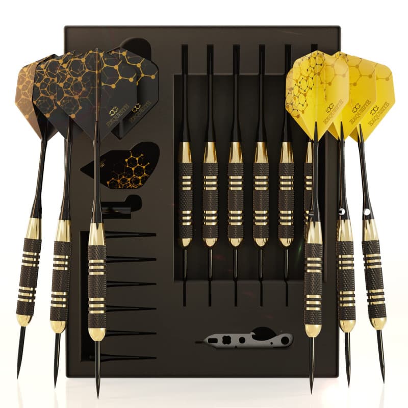 CC-Exquisite Conseil en Acier Professionnel Darts Set - 6 x 22g Brass barils avec 12 Vols Standard/Slim, 12 Aluminium 35 shafts