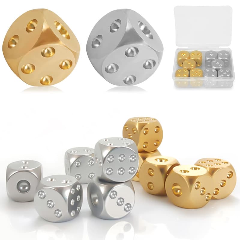 Lot de 10 dés en métal, en Aluminium/cuivre, dés à Six Faces, Angle Rond Standard D6, 15mm (Or, Argent)