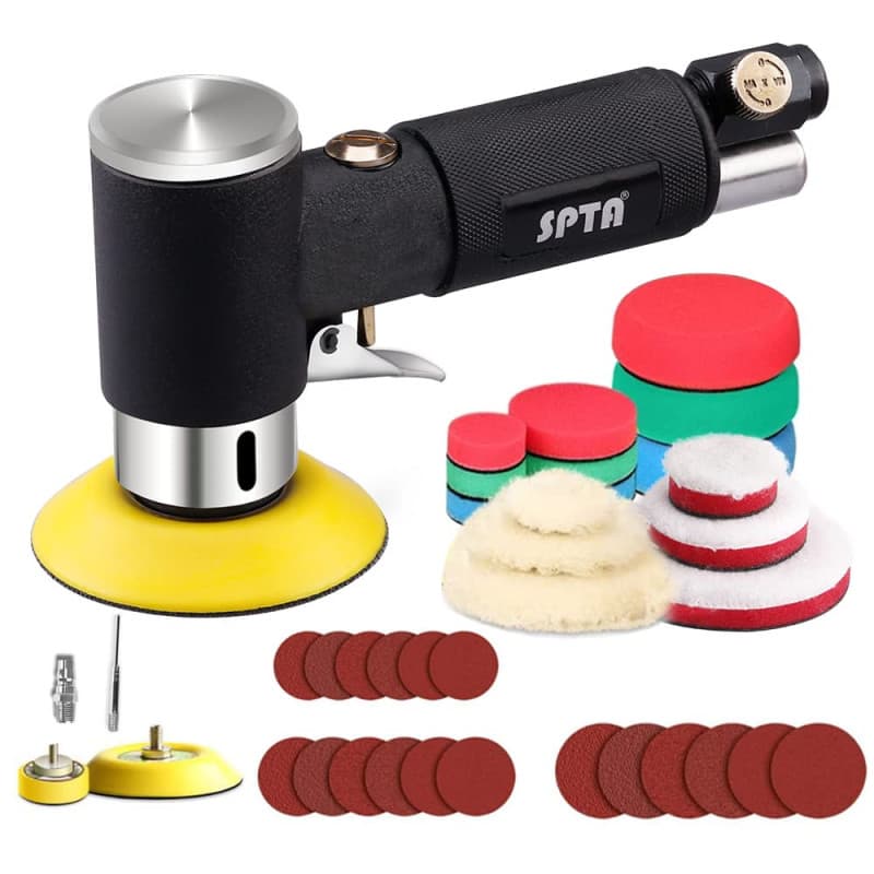SPTA Mini poliermaschine, Druckluft Polierer, 25mm 50mm 80mm Exzenter schleifer Winkelschleifer mit 23tlg Polierschwamm Polierpa