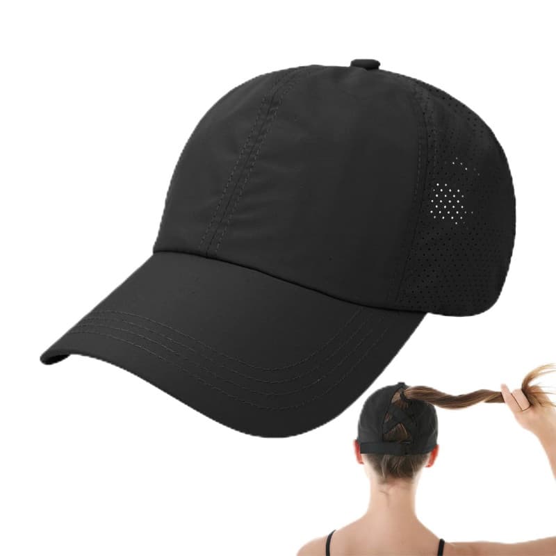 KRYMSON Casquette de Course Pour Femme - Noire, à Queue de Cheval Croisée en Maille, à Séchage Rapide, Réglable