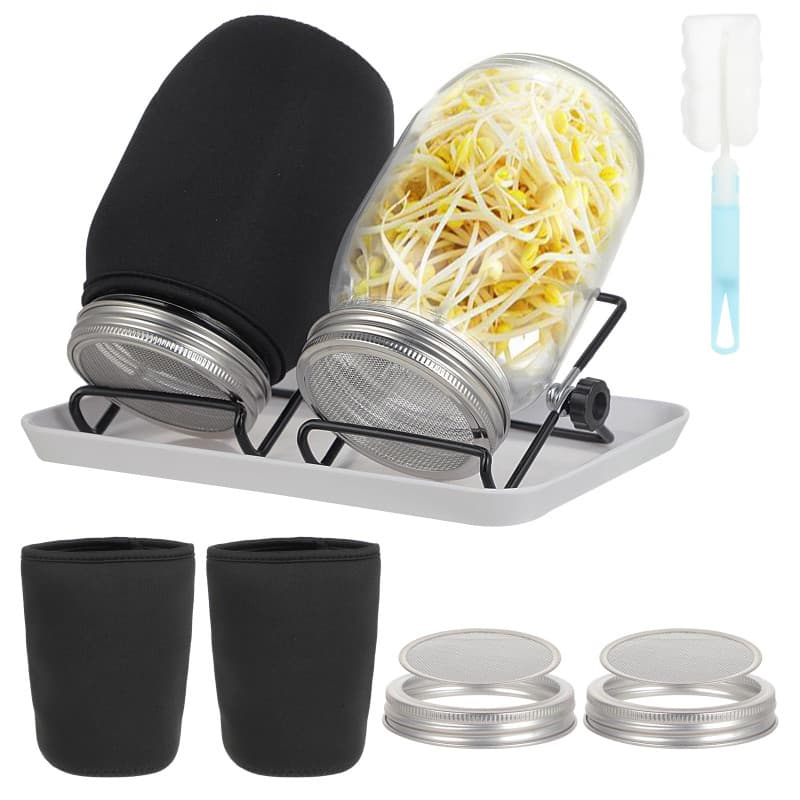 2 germoir à graines - Pot pour Germination 32oz - Matériau en Verre - avec Couvercle en Acier Inoxydable, Support et Plateau en