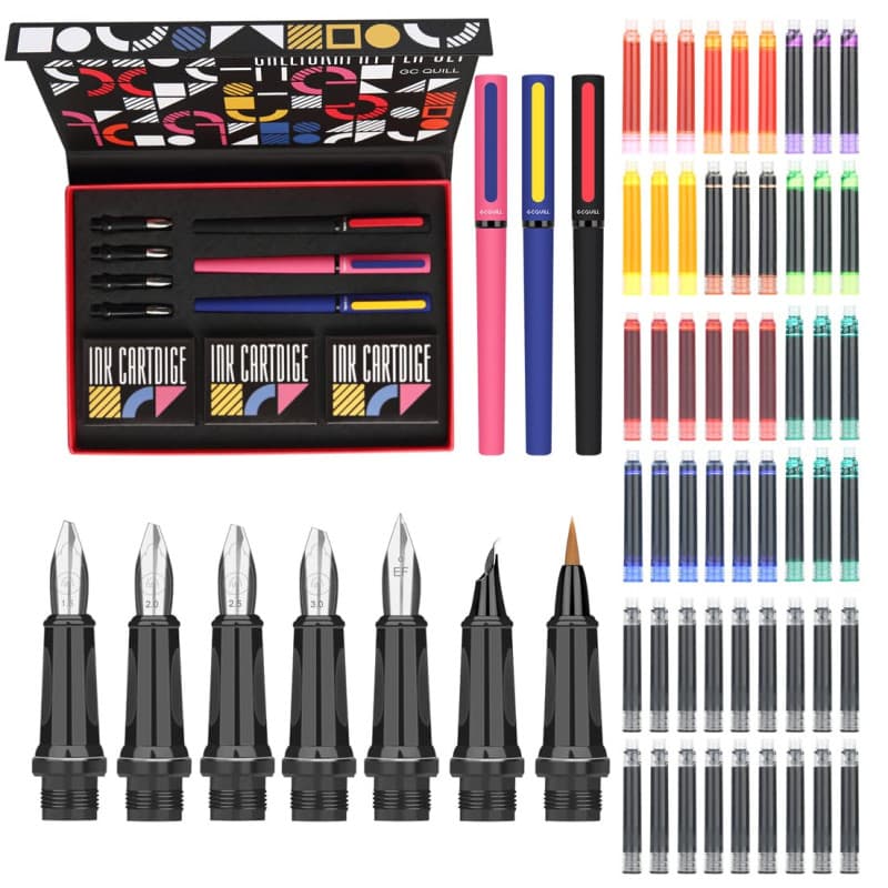 GC QUILL kit d'écriture calligraphique-3 stylos plume calligraphie, 7 plumes, 54 cartouches d'encre de couleur-écriture, dessin