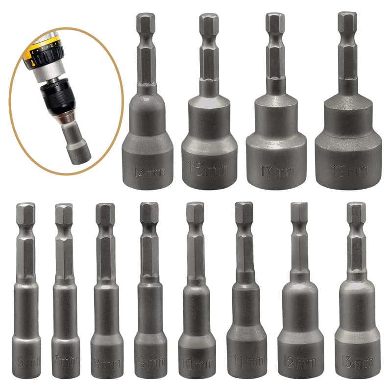 Xpieoyrm 12 Pièces Douille Visseuse, Magnétique Douilles Hexagonale 6/7/8/9/10/11/12/13/14/15/17/19, Adaptateur Embouts Douilles