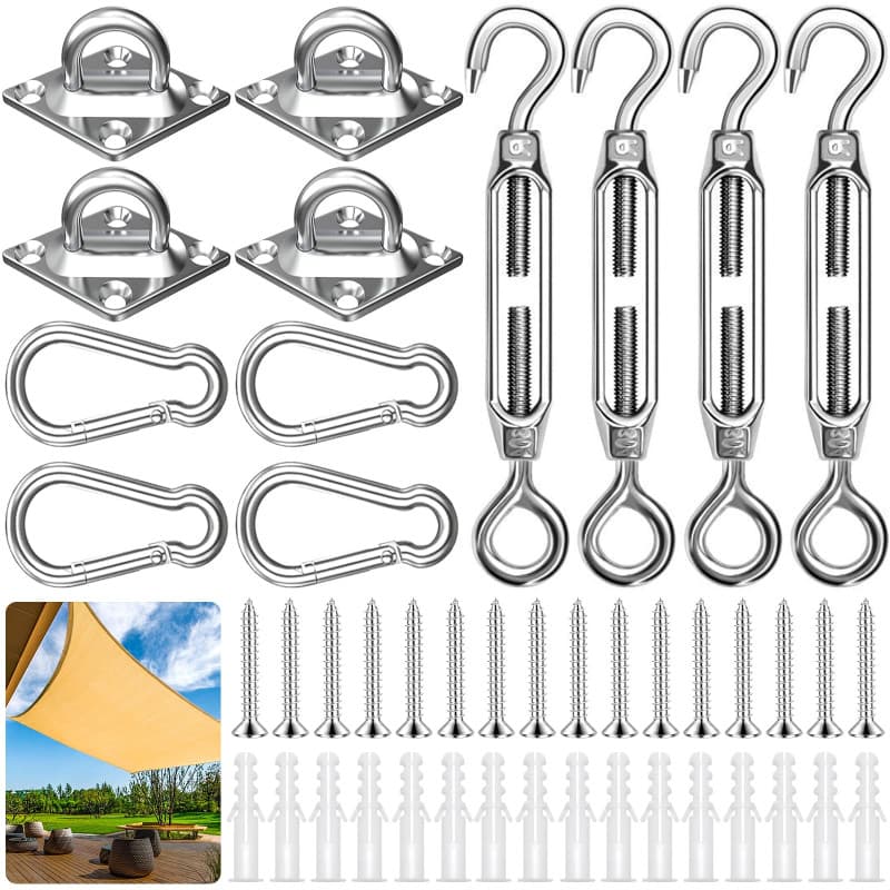 ZZQVIP Kit Fixation Voile d'Ombrage 44 PCS, M6 Acier Inoxydable avec 4 Tendeurs 4 Mousquetons 4 Plaques Murales 16 Vis et 16 Che