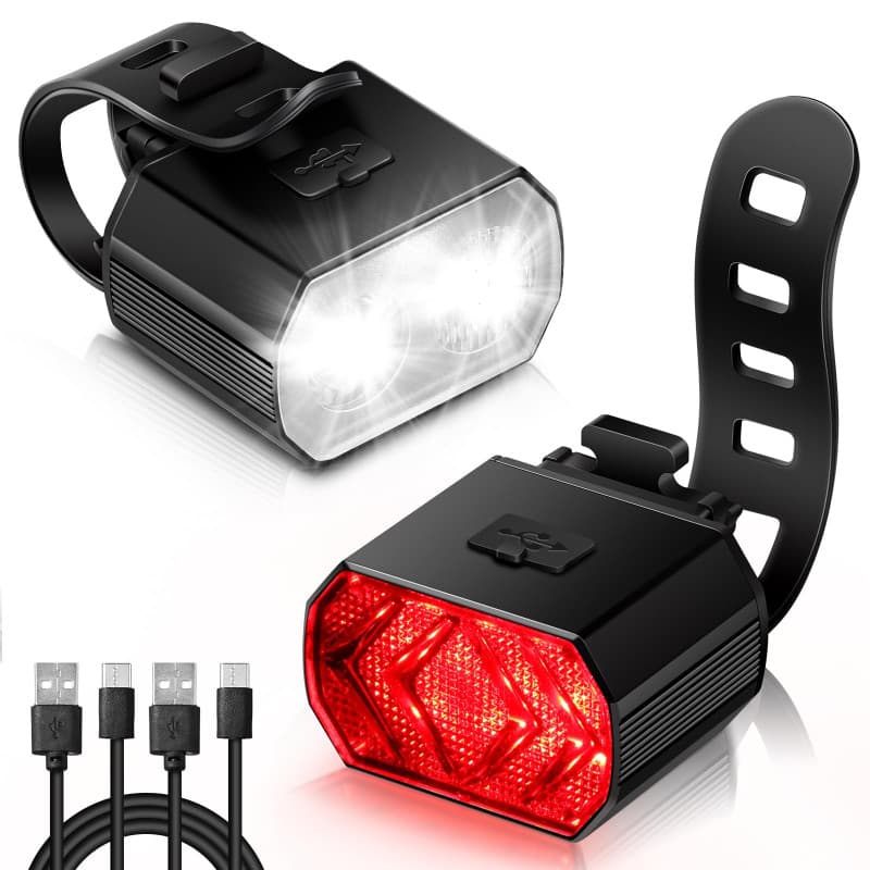 Vinabo Kit Lumières pour Vélo - Phare et Feu Arrière, Longue Autonomie, Recharge USB, Etanche IPX6, 6 Modes D'éclairage, Léger e