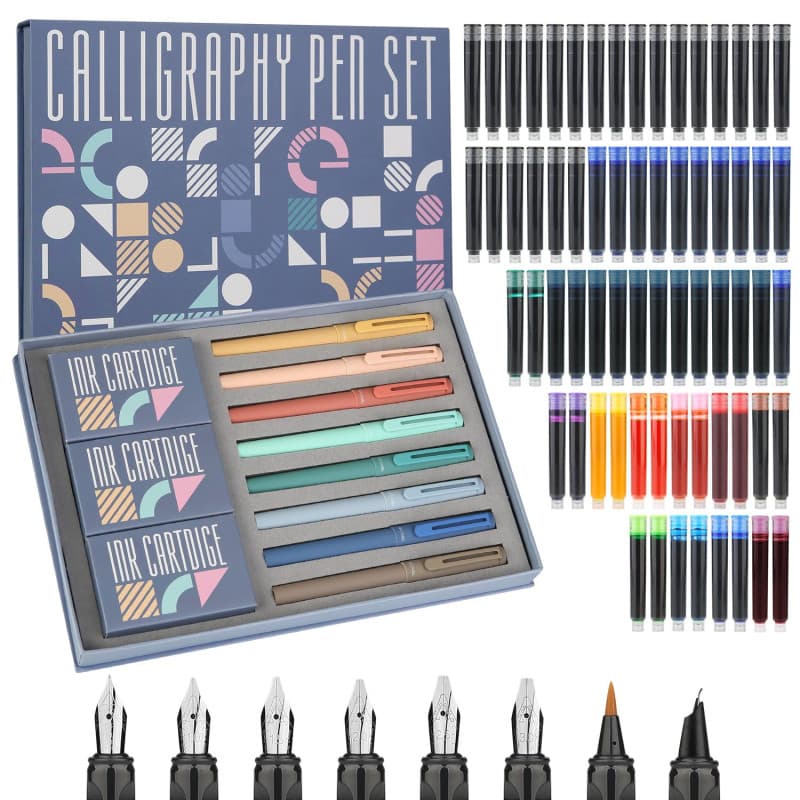 GC QUILL 8 stylos plume calligraphie avec différentes plumes, 66 cartouches d'encre (14 couleurs) - Ecriture, dessin, exercices