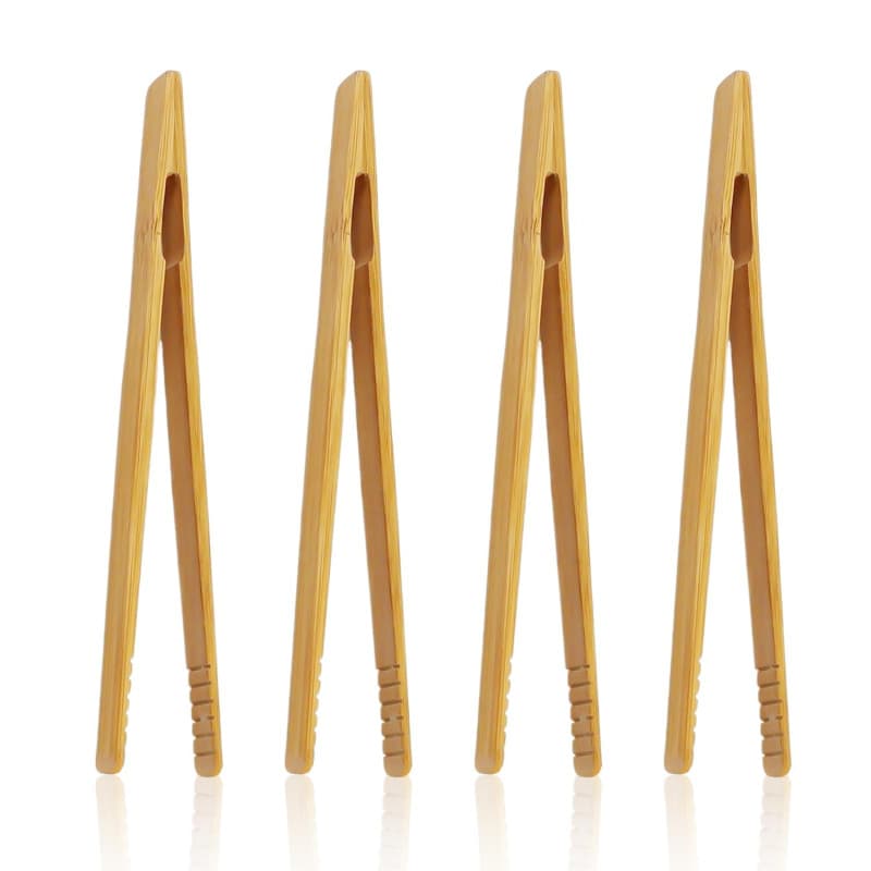 Lot de 4 pinces en bambou longues et droites - Ustensiles de cuisine - Pince à pain - Pince en bambou alimentaire - Ustensiles d