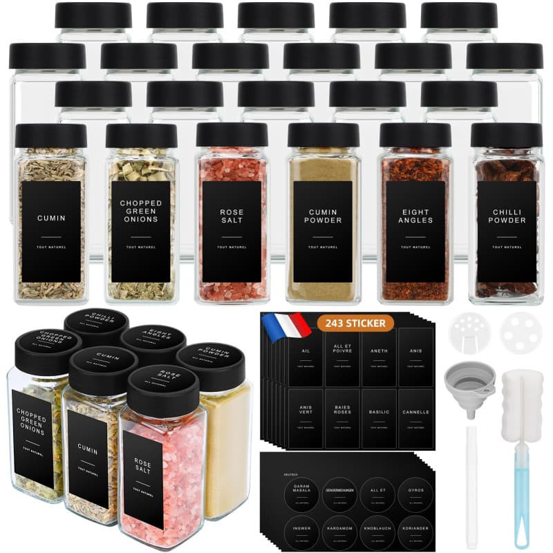 Mozvvco Bocaux à Épices, 24 Pièces Pot à Épices en Verre avec Étiquettes d'épices Françaises, 120ml Boite à Épices Cuisine Range