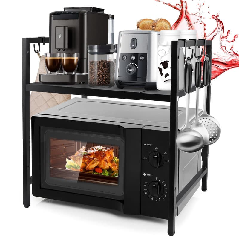 2 Niveaux Support de Four à Micro-Ondes Extensible, Support de Four à Micro-Ondes avec 6 Crochets, Etagere Rangement Cuisine Fou