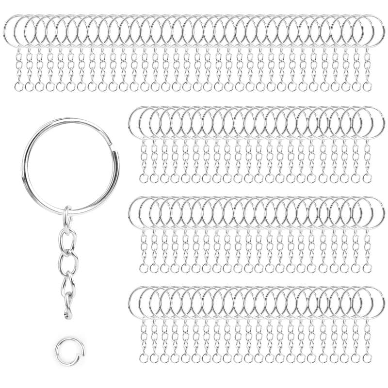 100PCS Anneau Porte Clé avec Chaîne,25 mm Attache Porte Clé, Split Porte Clef Anneaux Lot Métal Porte Anneau fendu Anneau Porte