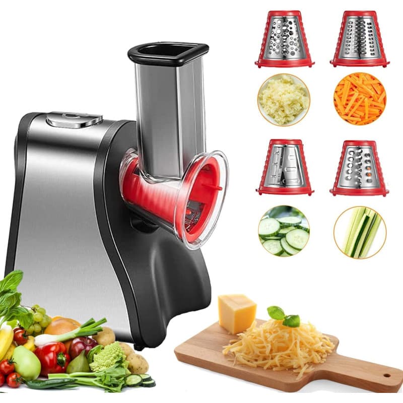 FOHERE 4 en 1 Râpe a Légumes Électrique, Découpe légumes électrique 200W Râpe Carottes Hachoir Électrique pour Fromage, Carottes