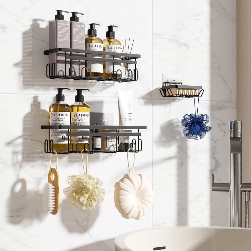 Vinabo Etagere Salle de Bain avec Porte-Savon, 3PCS,Etagere Douche sans Percage, Accessoire Salle de Bain Antirouille, Rangement