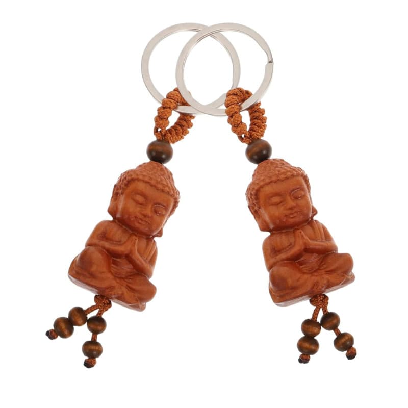 Porte-clés Bouddha,2 pièces Petite Porte-clés Bouddha en Bois Porte-Bonheur Talisman Chakra Yoga Cadeau Figurine,Mini Bouddha Po
