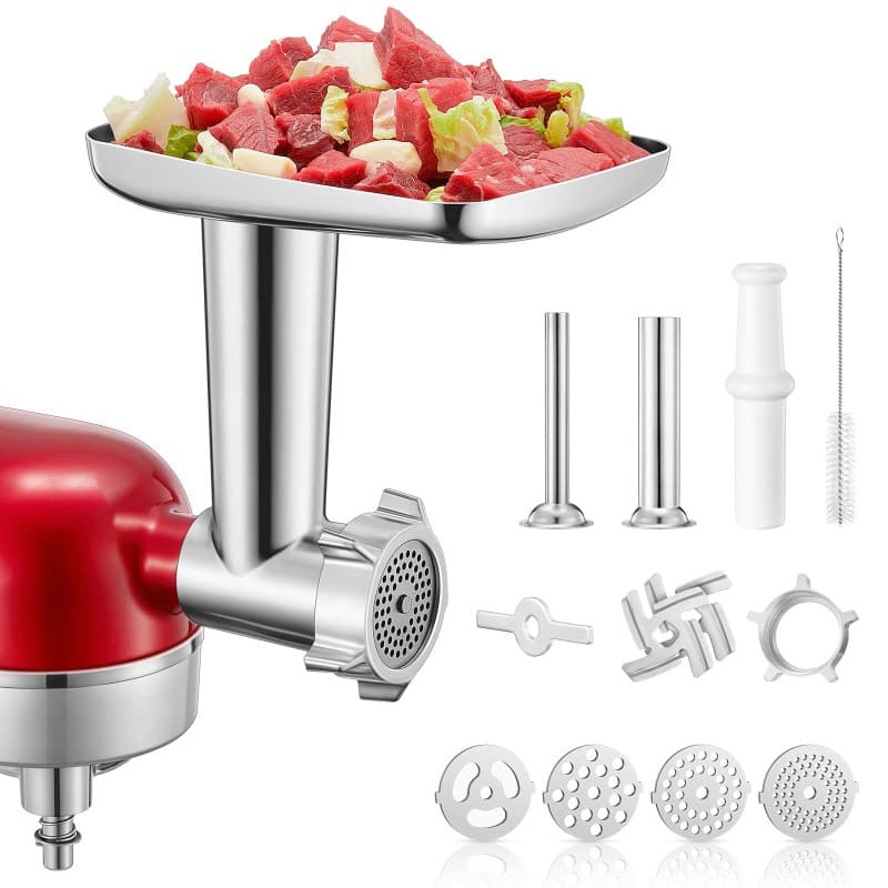 Hachoir à Viande pour KitchenAid, Accessoire Robot Pâtissier, 4 Plaques de Broyage, 2 Embouts à Saucisses, Acier Inoxydable