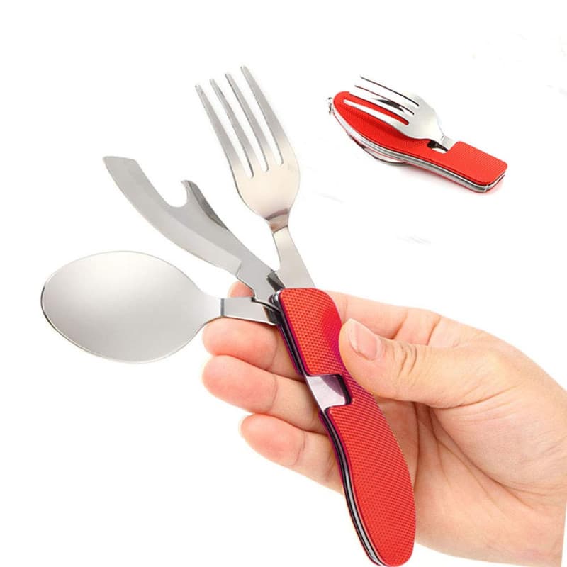 Senven 4 en 1 vaisselle de camping matériel de camping mis en acier inoxydable fourchette cuillère ensemble ouvre-bouteille camp
