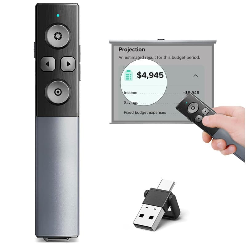 Coque métallique numérique Telecommande Ordinateur Powerpoint avec mise en évidence Loupe Souris Minuterie,USB/Type-C 2 en 1 rec