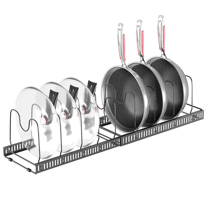 Porte-casseroles Support Extensible, Organiseur/rang de Poêle avec 10 Compartiments Réglables, rangement cuisine pour Les Ustens