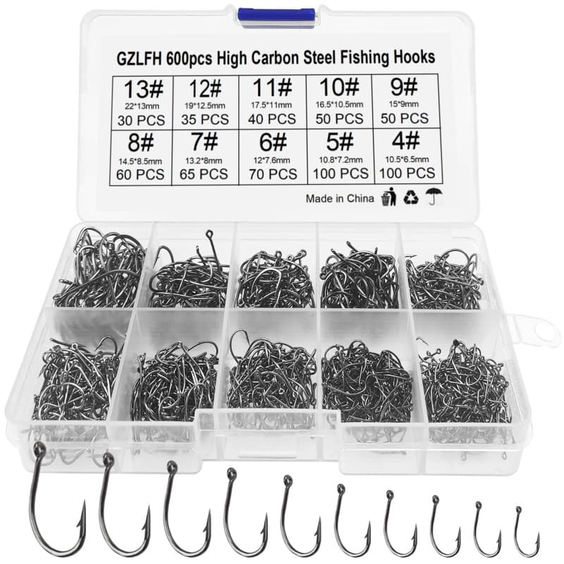 GZLFH® 600 Hameçons De Pêche, 10 Tailles D'hameçons en Acier Au Carbone avec Crochets avec Boîte en Plastique pour La Pêche en E