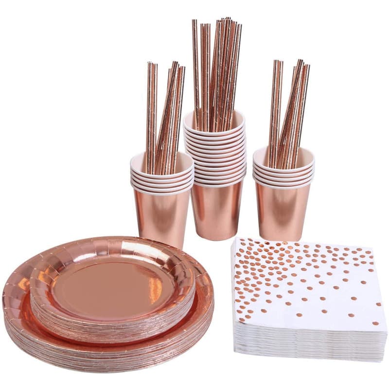 KAHEIGN 146 Pièces or Rose Vaisselle De Fête, Jetable Papier Aluminium Plaques Serviettes Coupes Pailles Pour Les Mariages, Anni
