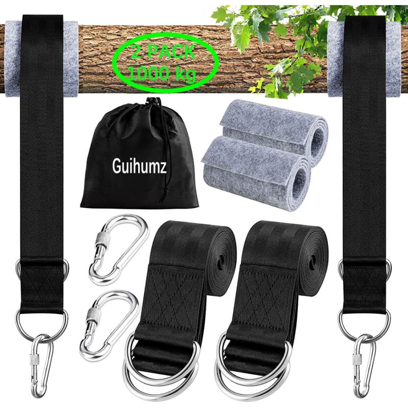 Guihumz Fixation de Balançoire pour Hamac pour Arbres 2 x 150 cm avec 2 Mousquetons Lourds et Anneaux en D, Hamac Sangles,avec S