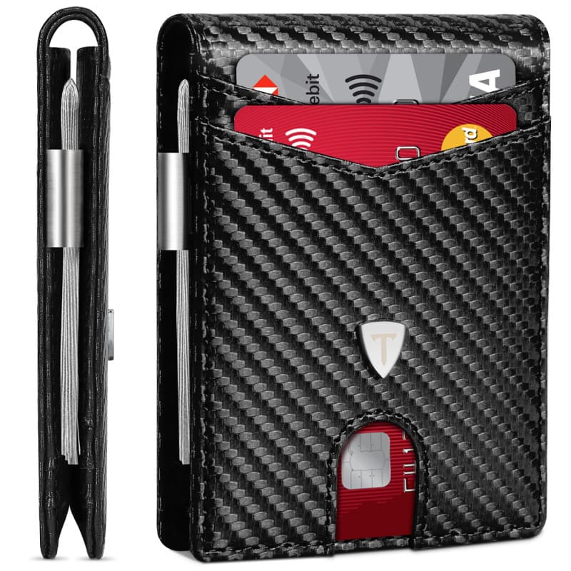TEEHON Portefeuille Homme Slim Cuir en Fibre de Carbone avec Blocage RFID et Emplacements pour Cartes de Crédit, Clip de Billets