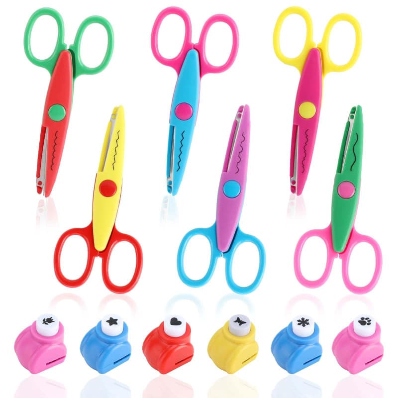 Lot de 6 Ciseaux de Bricolage pour Enfants avec 6 Perforatrices à Papier, 6 Formes de Coupe Différentes, Ciseaux à Papier pour E