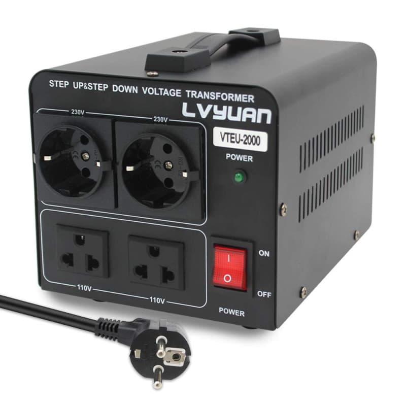 Cantonape Convertisseur de tension 2000 VA 110 V, transformateur à noyau, 2000 W, câble IEC, 2 interrupteurs d'entrée miniatures