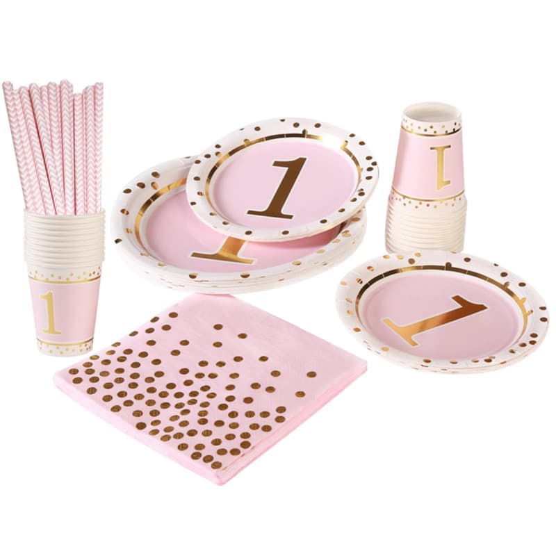 Anniversaire 1 an Fille Vaisselle Rose, Servir 20 Invités - Set Vaisselle Jetable Fournitures Fête, pour Anniversaire Fêtes, Mar