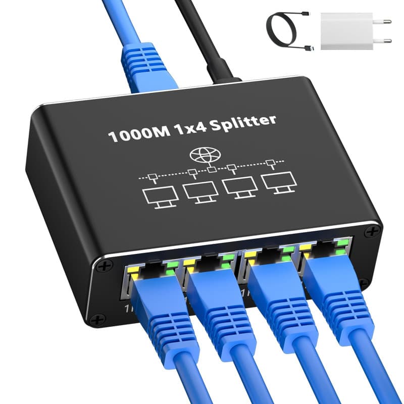 AOUZEA Switch RJ45 4 Ports 1000Mbps, Hub RJ45 Multiprise Ethernet 1 à 4 avec USB-C câble et Chargeur pour Ordinateur, Hub, Netwo