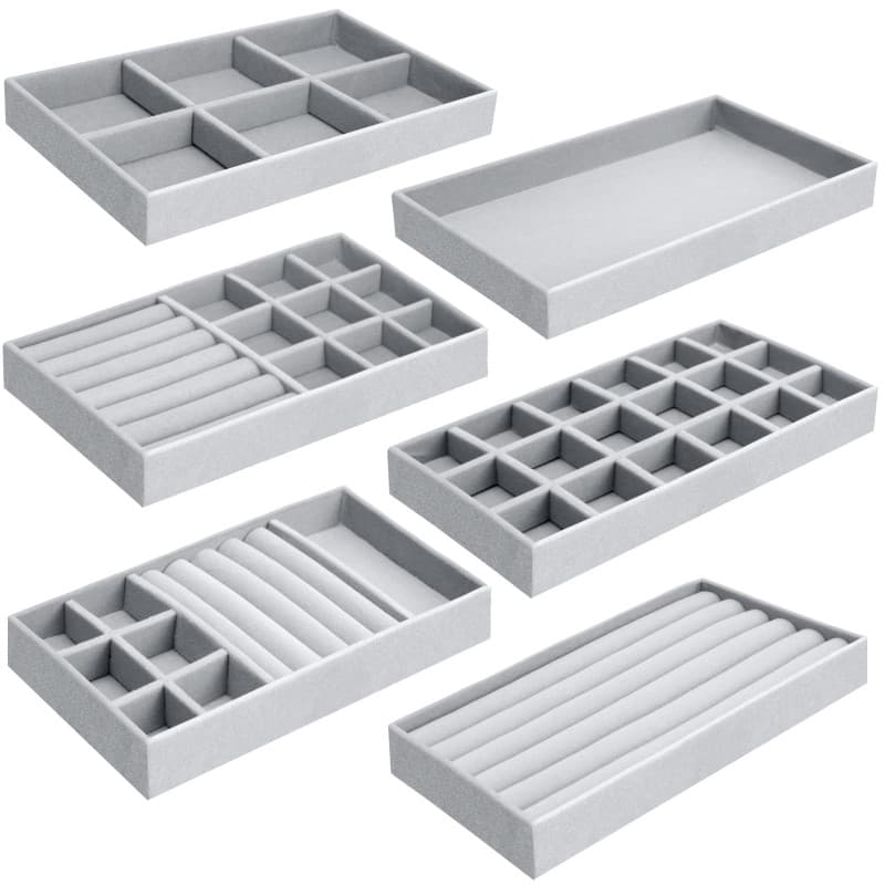 6 Pcs Plateaux Rangement, Peut Stocker/Afficher, Organisateur Tiroir a 6 Tailles Différentes, Plateau Bijoux Velour pour Bague/C