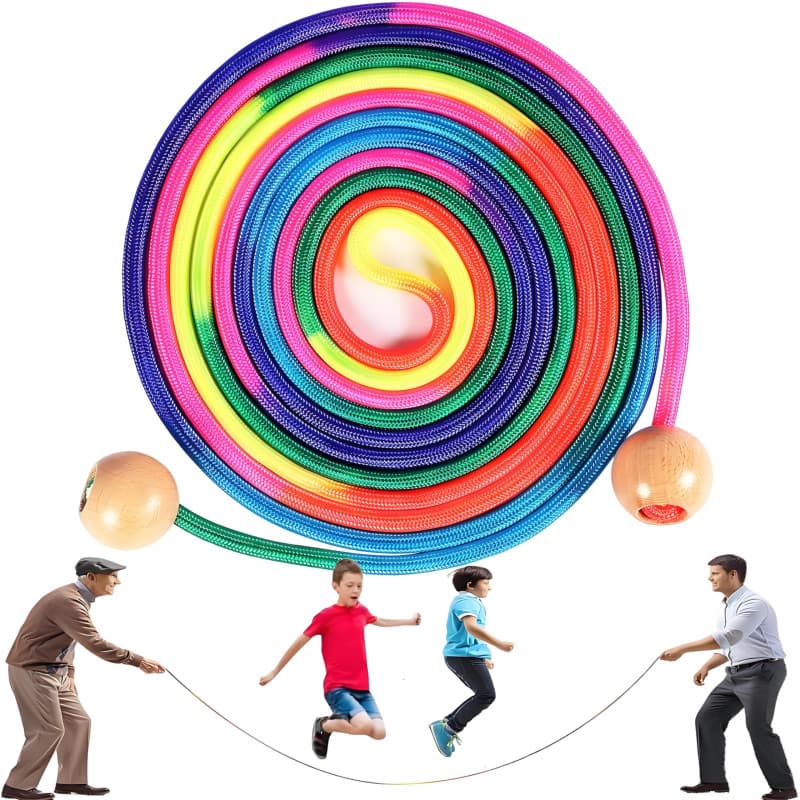 Corde a Sauter Pour Plusieurs Joueurs,5 Mètres Corde a Sauter Enfant,Cordes à Sauter Arc-en-Ciel Avec Poignée Ronde en Bois,Cord