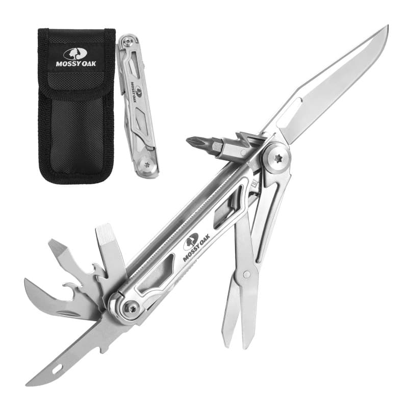 Mossy Oak Couteau Multifonction de Poche 12 en 1, Ciseaux, Tournevis, Couteau Suisse en Acier Inoxydable avec Etui, Parfait pour